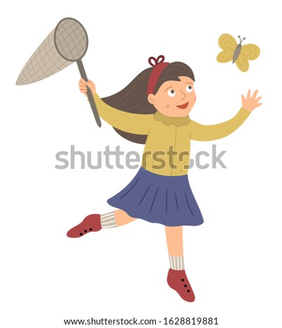 Vector illustration of a girl catching butterfly with a net isolated on white background. Cute kid enjoying summer. Spring picture with funny character