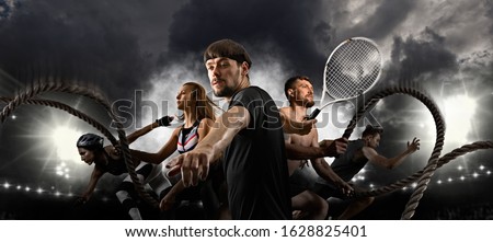 Sport collage. Tennis player, woman and man working out with battle ropes. Sports banner. Horizontal copy space background