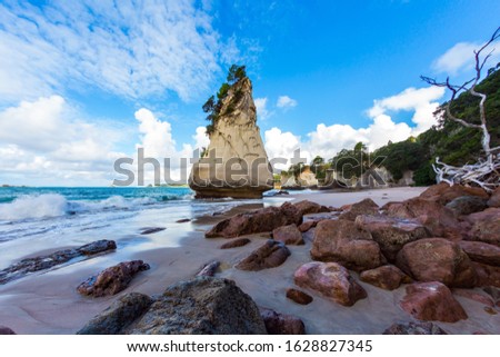 Huge boulders and picturesque rocks on a sandy beach. The North Island of New Zealand. Ocean low tide in Cathedral Cove at sunset. The concept of exotic, ecological