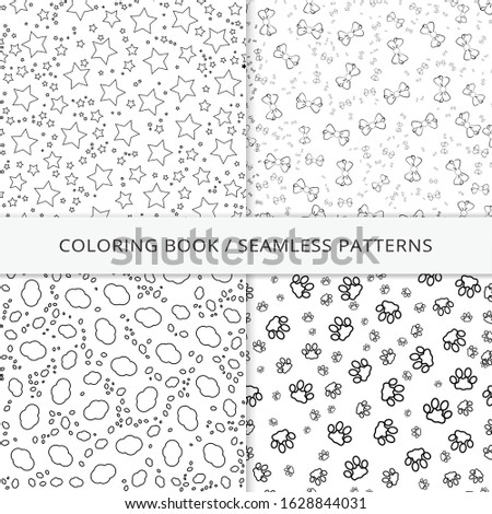 Seamless patterns and coloring book. Stars, clouds, bows and paws endless texture for coloring book, wallpaper, invitation, pattern fills, background, textures. Vector illustration