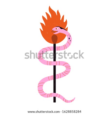 Vector illustration with pink snake, black matches and red flame. Funny and trendy print design with animal