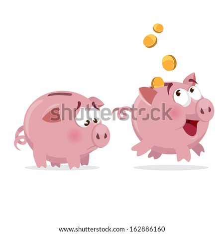 happy and sad Piggy bank with money and empty
