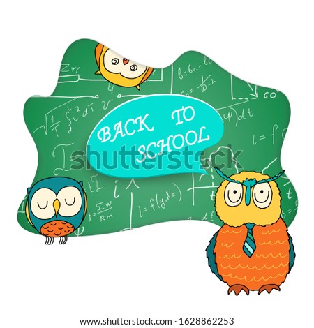 Back to school. The school Board. A smart owl in a tie and two small ones against a background of mathematical equations and formulas.  Hand-drawn diagrams and graphs. Doodle. Vector illustration.