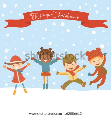 Cute kids jumpinhg for Christmas. Christmas greeting card Royalty-Free Stock Photo #162886613
