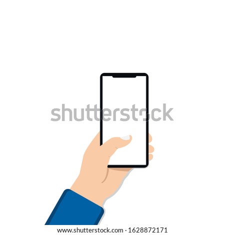 Hand hold phone vertical male man first person view flat design. Smartphone isolated on white background. icon Vector EPS 10