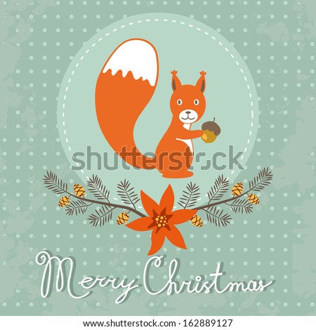 Elegant Merry Christmas card with cute squirrel