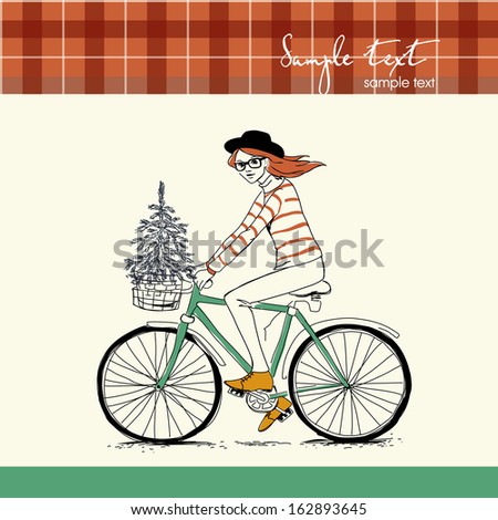 hipster girl with christmas tree bikes