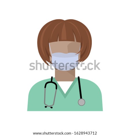Vector icon doctor. Image of female doctor, with a stethoscope, in medical uniform and gauze protective bandage on her face. Isolated color illustration, avatar of the doctor. Vector illustration