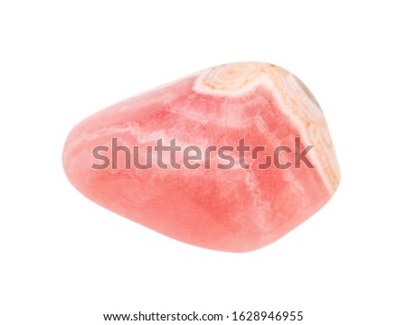 closeup of sample of natural mineral from geological collection - tumbled banded Rhodochrosite gemstone isolated on white background