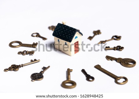 Different keys and a little house on a white background, concept of real estate