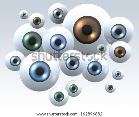 Group of floating eye balls, multicolored iris, 3d rendering