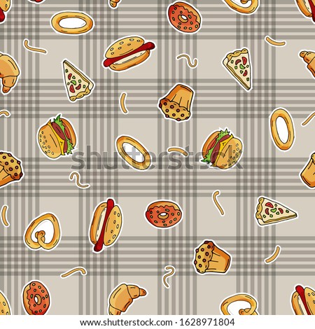 Seamless pattern of scattered hot dogs, pizza, squirrels, quacks, cupcakes, on the surface. Vector illustration.