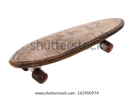 Wooden 70's skate board on a white background
