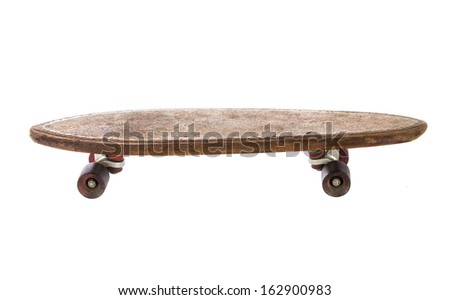 Wooden 70's skate board on a white background