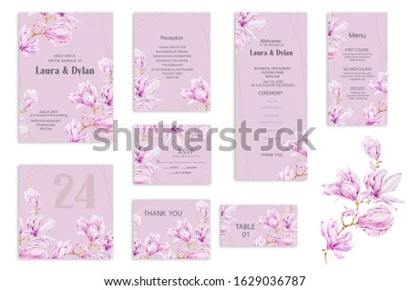Botanical wedding invitation card template design, pink magnolia and leaves on light blue background, vintage style. Wedding invitation templates. Banners decoration, romantic watercolor objects. 