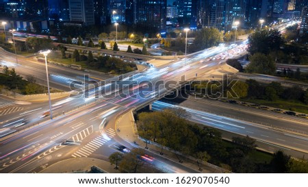 Night, overlooking Beijing's overpass, heavy traffic