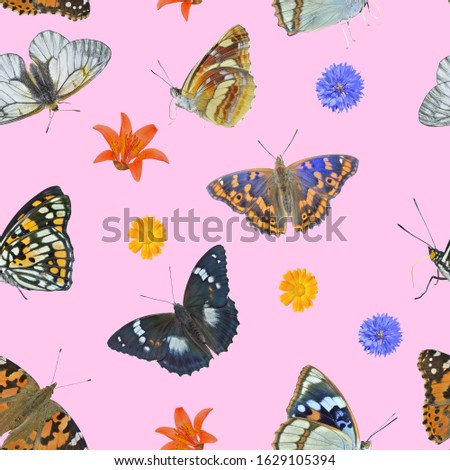 The different variegated butterflies and wildflowers. Seamless pattern on pink background, own isolated photographs of the author of the pattern are used.