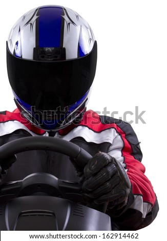 racerwearing red racing suit and blue helmet on a steering wheel Royalty-Free Stock Photo #162914462