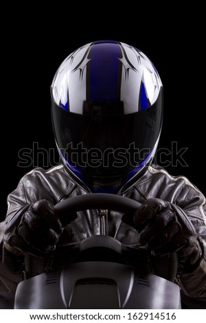 race car driver wearing protective leather and helmet Royalty-Free Stock Photo #162914516