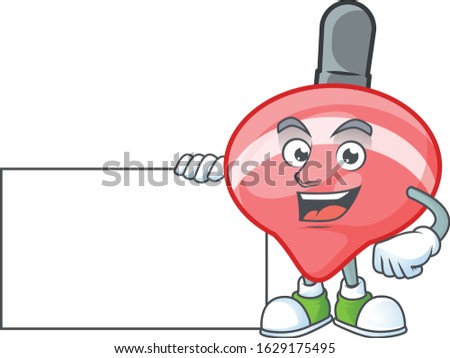 Cheerful chinese red tops toy cartoon character having a board