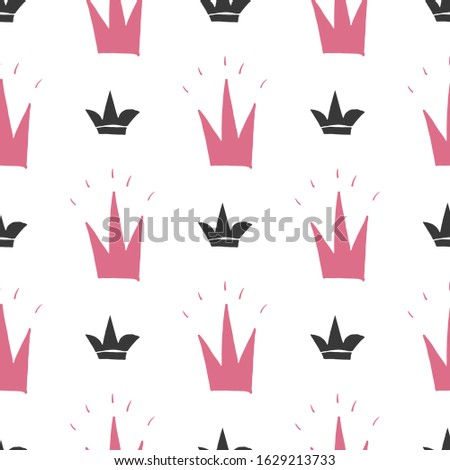 Crown Seamless Pattern, hand drawn royal doodles background, Vector Illustration.