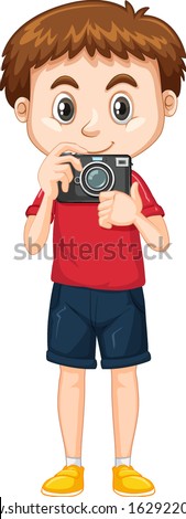 Cute boy in red shirt holding camera on white background illustration