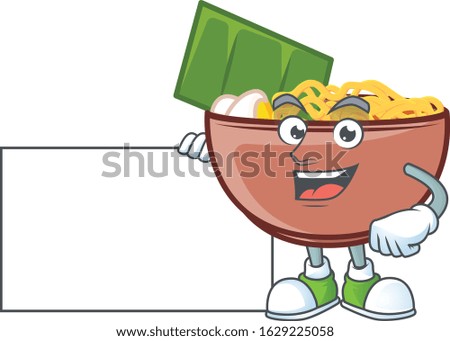 Cheerful bowl of noodle cartoon character having a board