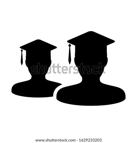 Diploma icon male group of students person profile avatar with mortar board hat symbol for school, college and university degree in flat color glyph pictogram illustration