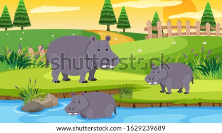 Scene with hippo in the open zoo illustration