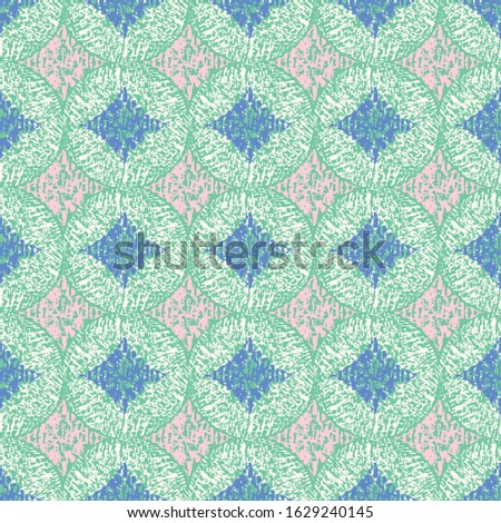 Vector illustration of blue, green, pink, white scribbled warped rhombuses,  circles. Scribble texture, textile rapport. Seamless repeat pattern for gift wrap, textile, fabric, scrapbooking,  fashion.