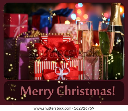 Many gifts and glasses of champagne on bright background