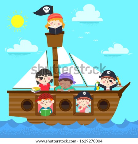 Illustration of Kids Wearing Pirate Costume on a Ship Reading a Book