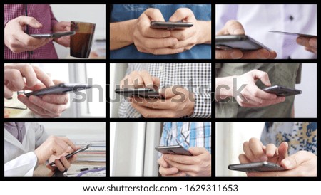 Close-up of hands holding smartphone, typing text on touch screen and using applications. A person typing message in social network and looking for information. Media wall with a lot of pictures