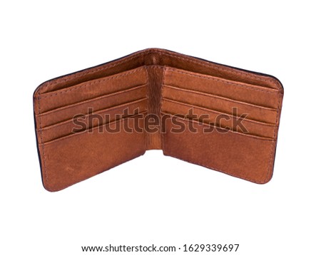 Open brown leather wallet for man or woman isolated on white background
