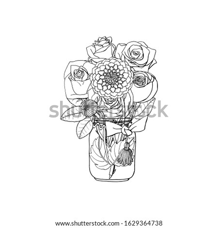 Hand drawn doodle style bouquet of different flowers, roses and dahlias. isolated on white background. stock illustration