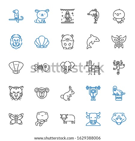 wildlife icons set. Collection of wildlife with crocodile, minotaur, ox, frog, butterfly, walrus, monkey, rabbit, tiger, fish, elephant. Editable and scalable wildlife icons.