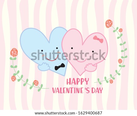 Cartoon cute valentines day doodle two hearts vector. Happy Valentines Day Typographic.