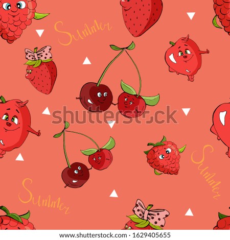 Cute seamless pattern of red berries and fruit with lettering summer, cartoon hand drawn vector illustration. Can be used for t-shirt print, kids wear fashion design, baby shower invitation card