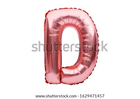 Letter D made of rose golden inflatable helium balloon isolated on white. Gold pink foil balloon font part of full alphabet set of upper case letters.
