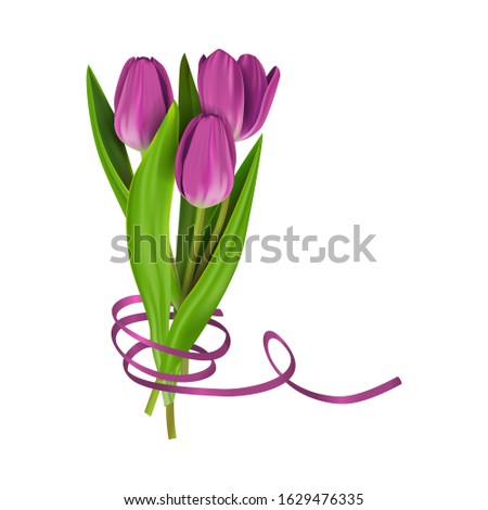 Vector image of a bouquet of flowers, pink tulips. Clip-art for greeting cards, holiday greetings. An isolated spring bouquet tied with a ribbon for Women's Day on March 8 on a white background