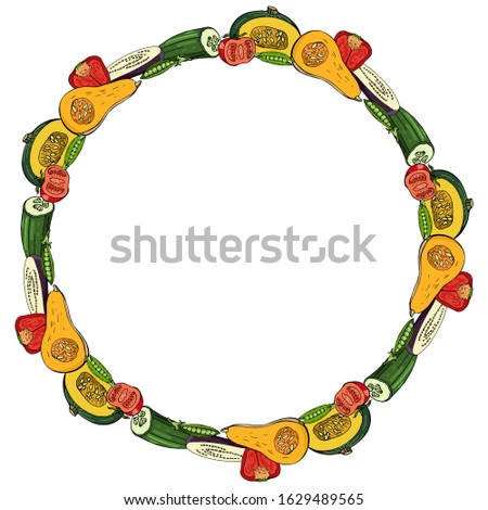Round frame with various hand drawn sliced vegetables for your design