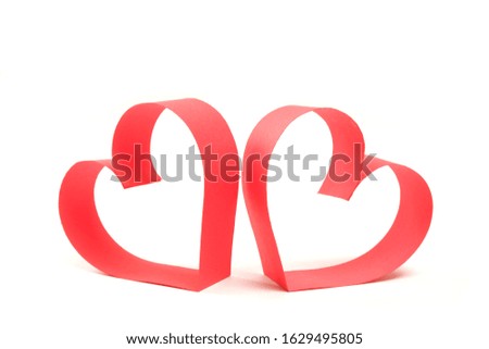 Pair of red paper hearts on white background isolated side view. Good love, valentines day, womens day, romantic banner, offer, card, invitation, flyer, poster template.