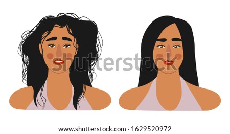 Faces of girls with long hair, with shaggy and combed. Isolated on white background flat vector illustration.