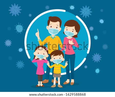 family wearing protective Medical mask for prevent virus Wuhan Covid-19.Dad Mom Daughter Son wearing a surgical mask. Royalty-Free Stock Photo #1629588868