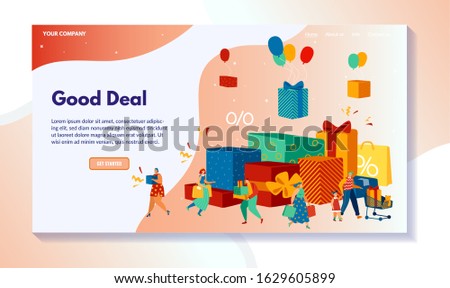 People getting presents and gift boxes at store sale, vector illustration. Online shop website design, holiday discount concept. Cartoon characters buying gifts, people shopping online, present sale