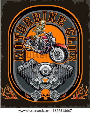 Motorbike and Skeleton Rider.  Vintage Biker Skull Emblem