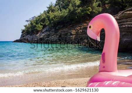 Inflatable flamingos on the sand, on the shores of the Mediterranean. Rocky beach surrounded by nature, rocks and sand on a sunny day.