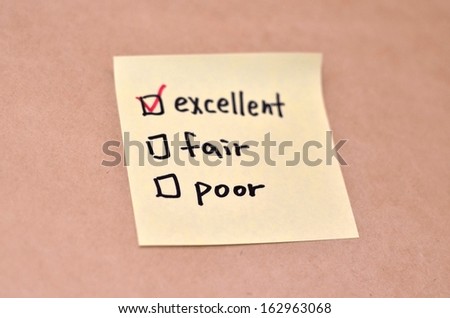 Text excellent fair poor on the short note texture background