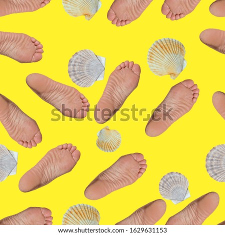 The female foot and shells of scallop. The seamless pattern on yellow background, own isolated photographs of the author of the pattern are used.