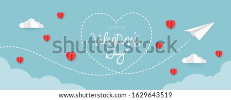Valentine illustration of paper airplane flying in the sky with red hearts